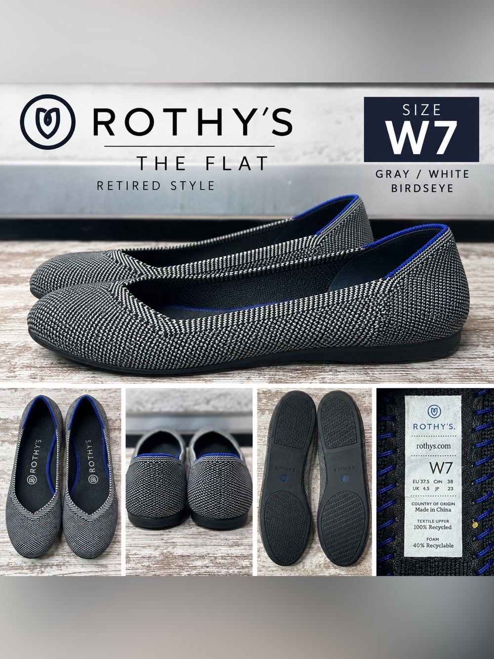 Rothy's Retired Rothy’s The Flat Ballet Flats Gray White Birdseye D4 SizeW7